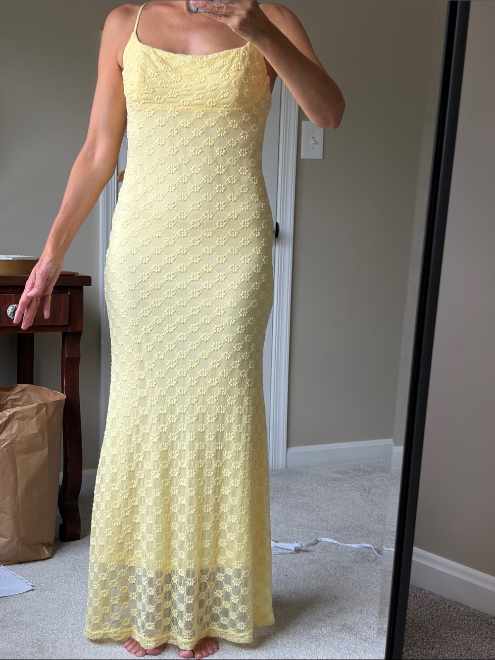 Bardot Pale Yellow Lace Maxi Dress with Spaghetti Straps